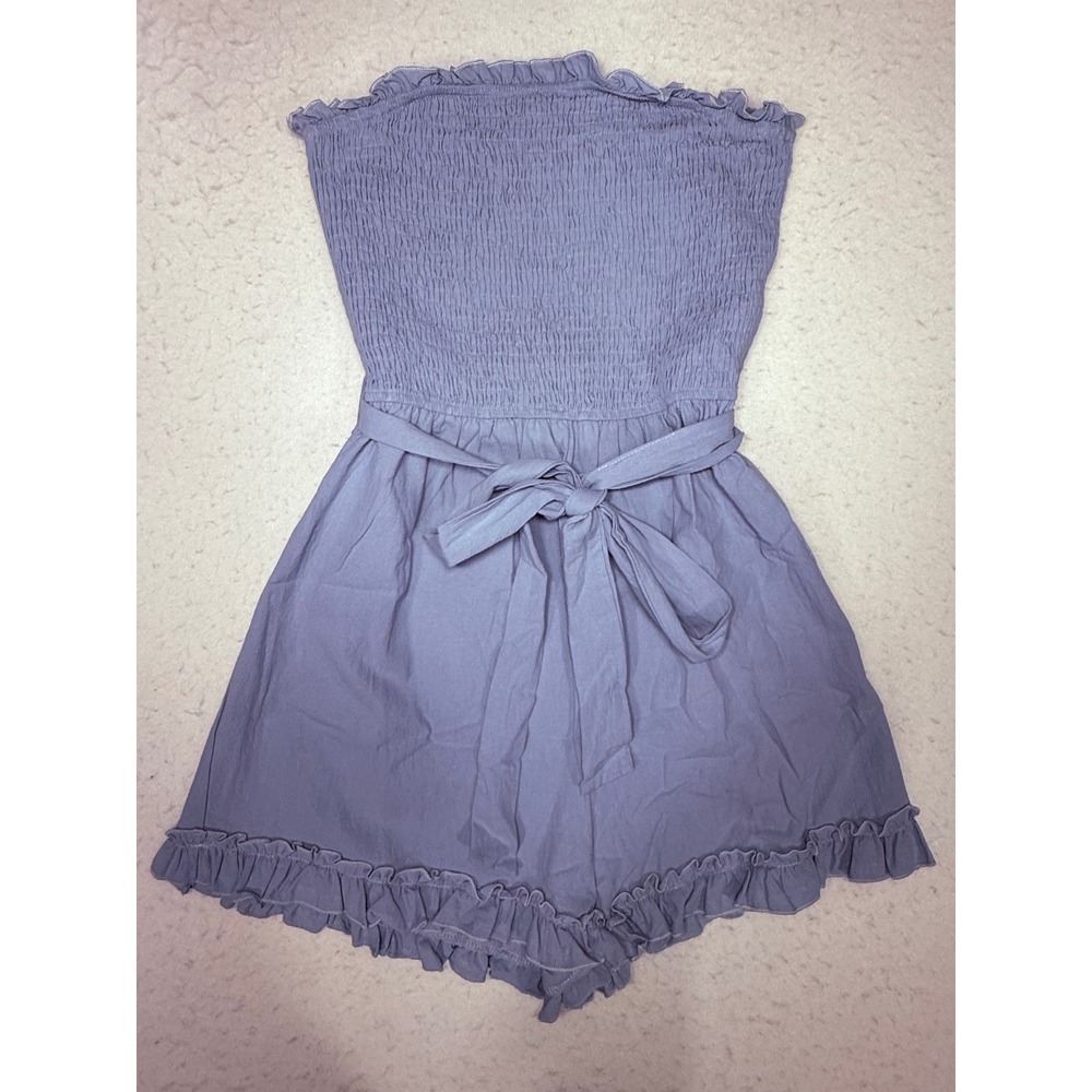 Women Blue Smocked Strapless Ruffle Hem Romper Size L Periwinkle Sunsuit